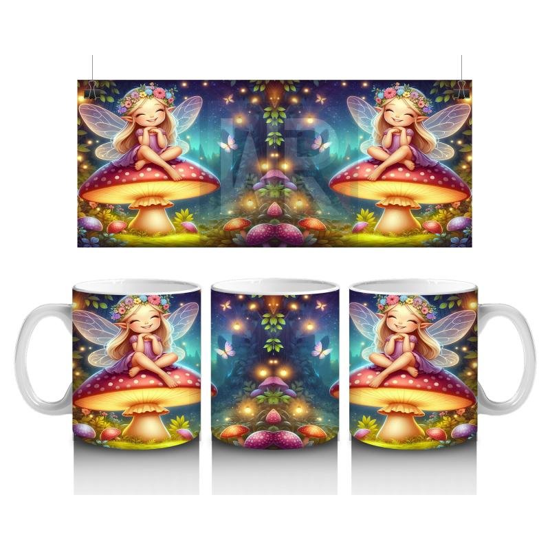 Çocuklara Sütü Sevdiren Mantar Üstünde Oturan Çiçek Taçlı Peri Desenli Kupa Bardak