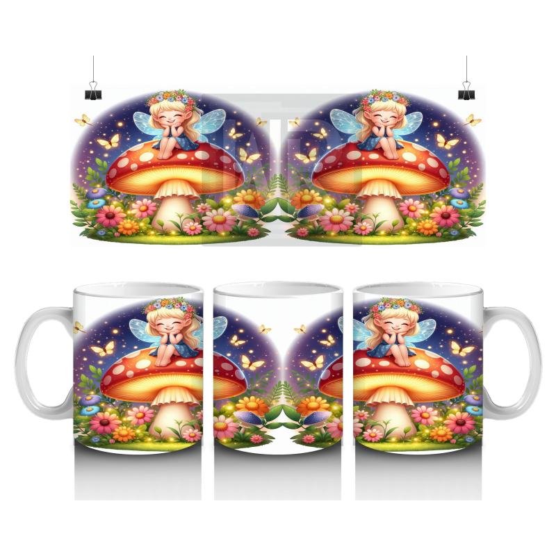 Çocuklara Sütü Sevdiren Mantar Üstünde Oturan Peri Kız Desenli Kupa Bardak