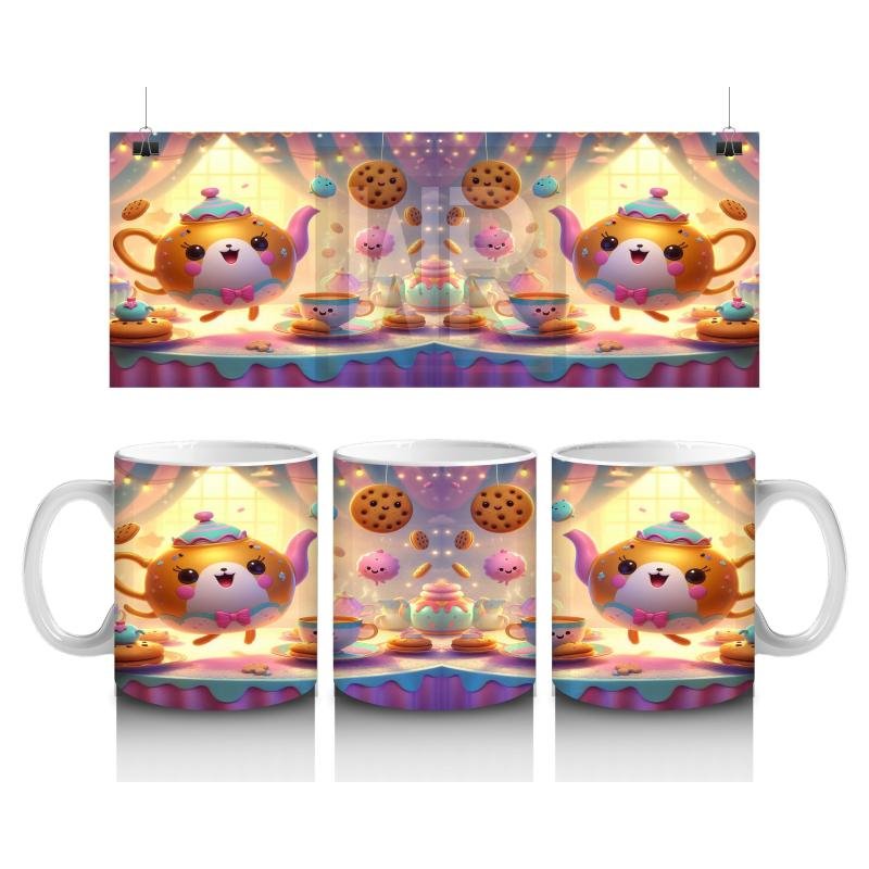 Çocuklara Sütü Sevdiren Neşeli Çay Takımı ve Kurabiyelerle Tatlı Sofra Desenli Kupa Bardak