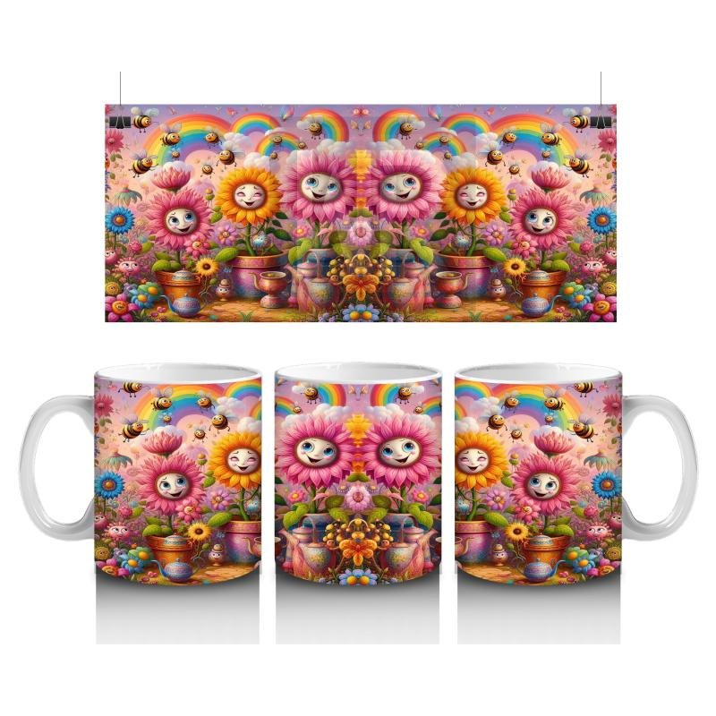 Çocuklara Sütü Sevdiren Neşeli Yüzlü Çiçekler ve Gökkuşağı Desenli Kupa Bardak