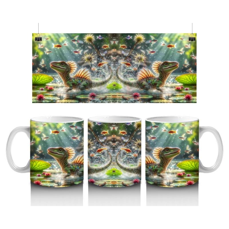 Çocuklara Sütü Sevdiren Nilüferler Arasında Yüzen Sevimli Dinozor Desenli Kupa Bardak