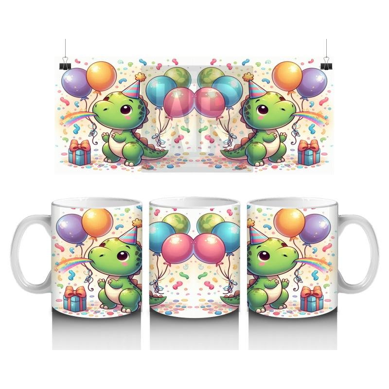 Çocuklara Sütü Sevdiren Parti Şapkalı Balonlu Sevimli Dinozor Desenli Kupa Bardak