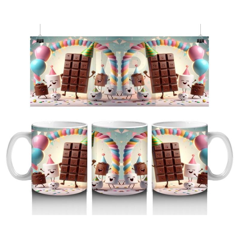 Çocuklara Sütü Sevdiren Parti Şapkalı Çikolata ve Marshmallowlar Desenli Kupa Bardak