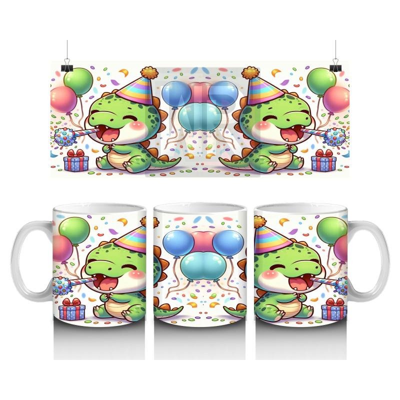 Çocuklara Sütü Sevdiren Parti Şapkalı Neşeli Dinozor Desenli Kupa Bardak