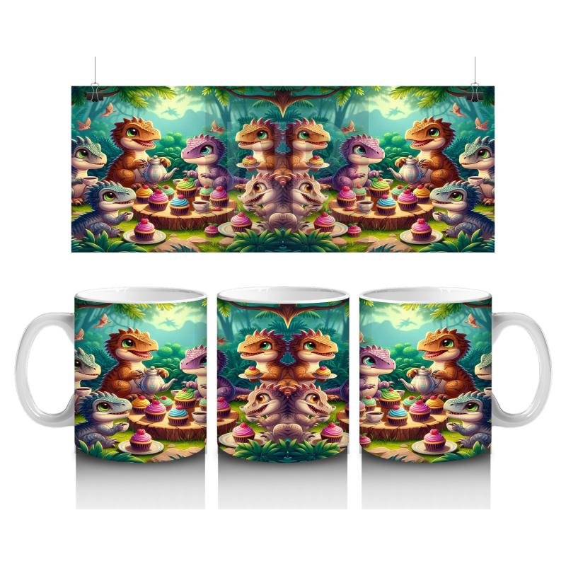 Çocuklara Sütü Sevdiren Pasta Partisi Yapan Dinozorlar Desenli Kupa Bardak