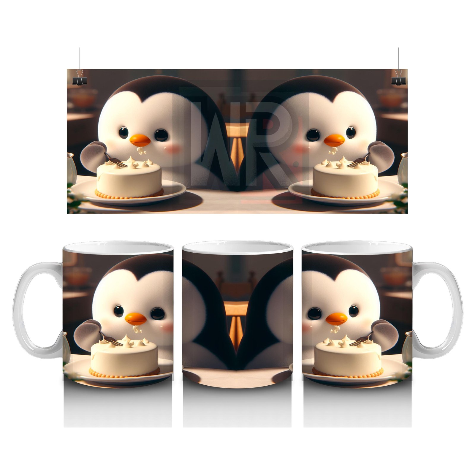 Çocuklara Sütü Sevdiren Pasta Yiyen Sevimli Penguen Desenli Kupa Bardak