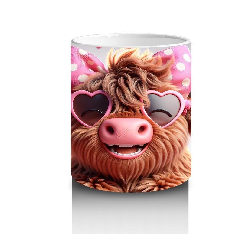 Çocuklara Sütü Sevdiren Pembe Kurdeleli Kalpli Gözlüklü İnek Desenli Kupa Bardak - 3