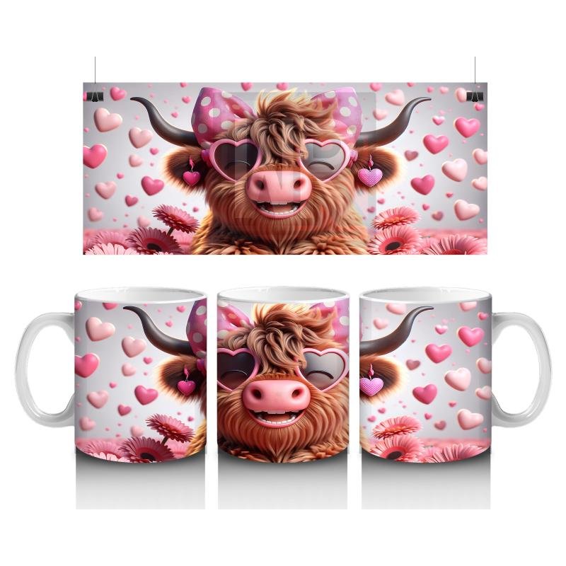 Çocuklara Sütü Sevdiren Pembe Kurdeleli Kalpli Gözlüklü İnek Desenli Kupa Bardak