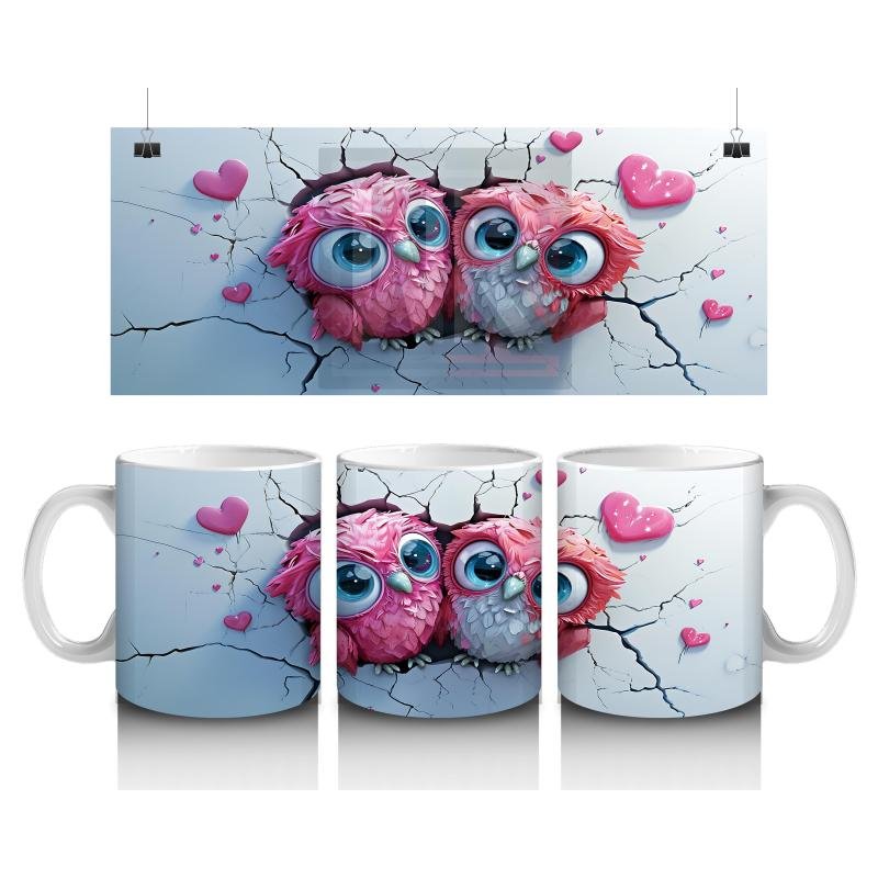 Çocuklara Sütü Sevdiren Pembeli Kalpli Baykuş Çifti Kupa Bardak