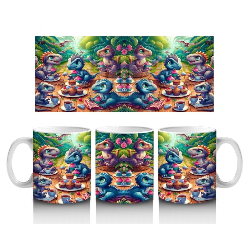 Çocuklara Sütü Sevdiren Piknikte Tatlı Keyfi Yapan Sevimli Dinozorlar Desenli Kupa Bardak