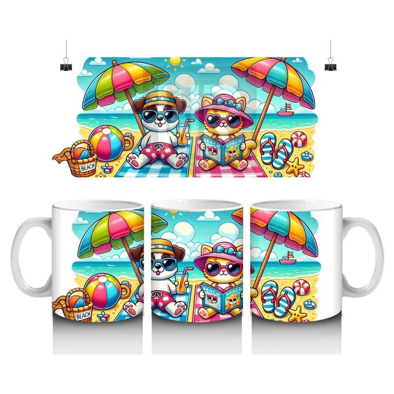 Çocuklara Sütü Sevdiren Plaj Keyfi Yapan Kedi ve Köpek Desenli Kupa Bardak