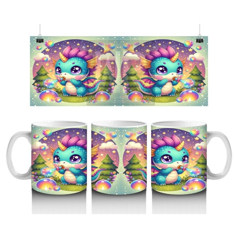 Çocuklara Sütü Sevdiren Renkli Baloncuklu Sevimli Ejderha Desenli Kupa Bardak