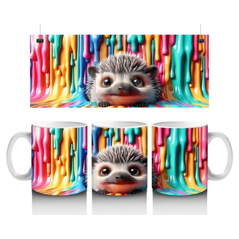 Çocuklara Sütü Sevdiren Renkli Boya Dalgaları Arasında Neşeli Kirpi Kupa Bardak