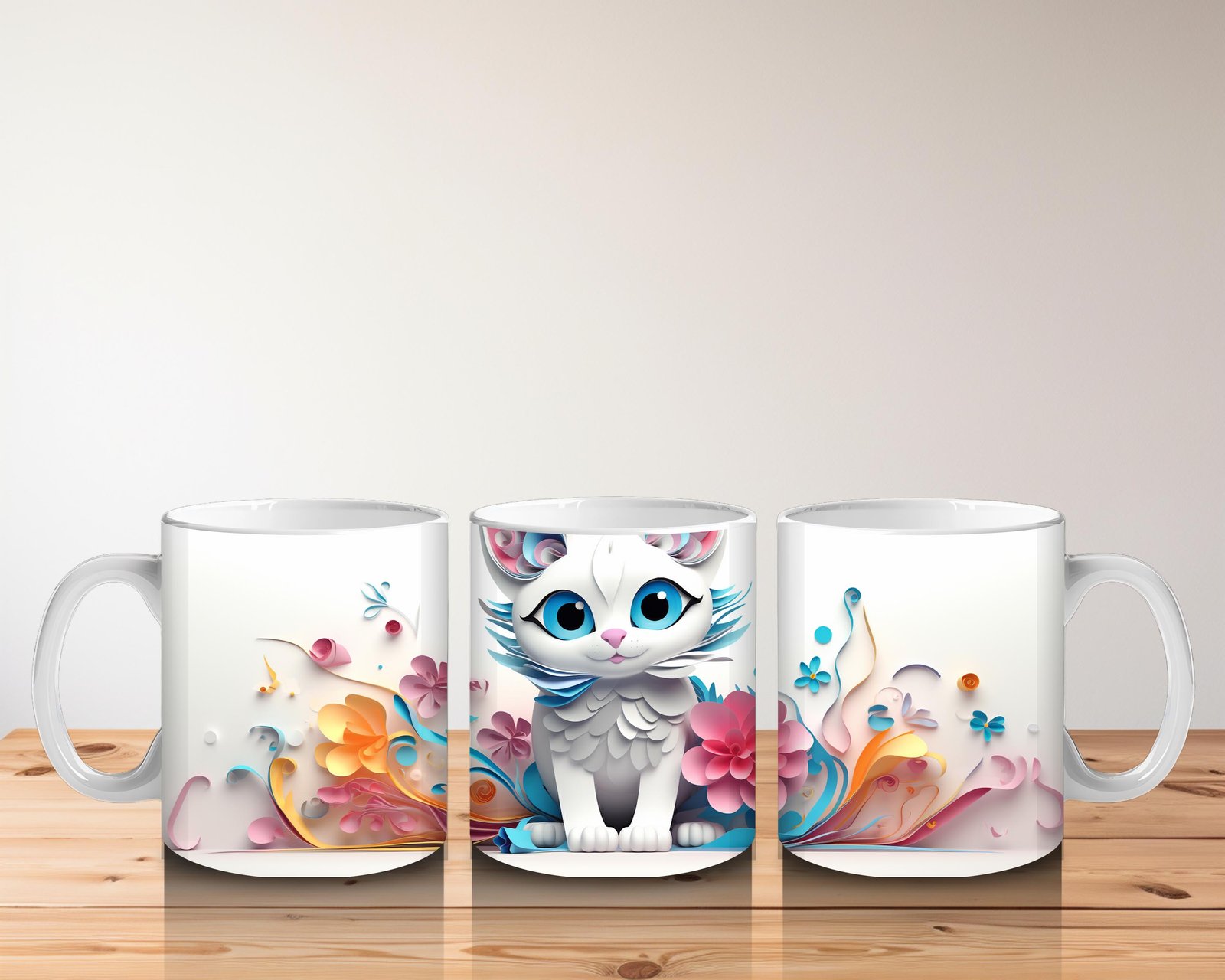 Çocuklara Sütü Sevdiren Renkli Çiçekli Sevimli Kedi Desenli Kupa Bardak - 5