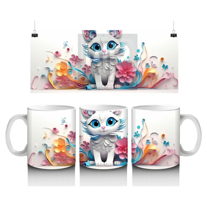 Çocuklara Sütü Sevdiren Renkli Çiçekli Sevimli Kedi Desenli Kupa Bardak