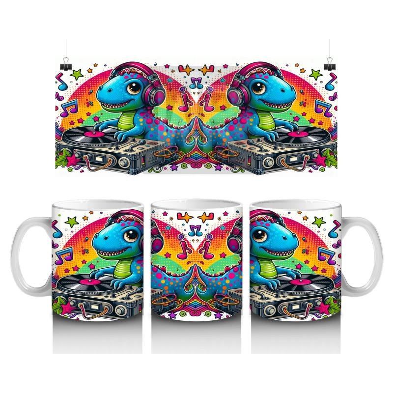 Çocuklara Sütü Sevdiren Renkli DJ Dinozor Desenli Kupa Bardak