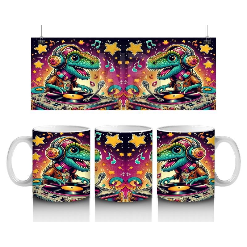 Çocuklara Sütü Sevdiren Renkli DJ Dinozor ve Yıldızlı Müzik Gecesi Desenli Kupa Bardak