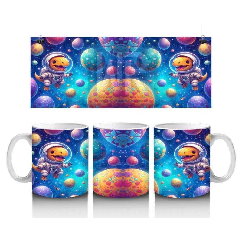 Çocuklara Sütü Sevdiren Renkli Gezegenler Arasında Yüzen Astronot Dinozor Desenli Kupa Bardak