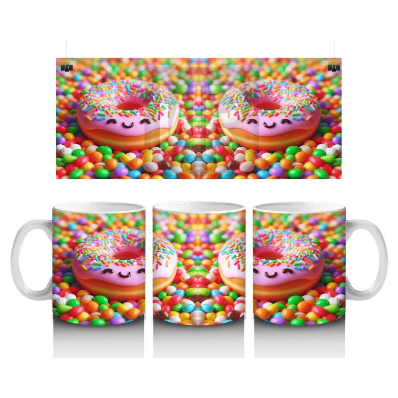 Çocuklara Sütü Sevdiren Renkli Şekerlemeler Arasında Gülümseyen Donut Desenli Kupa Bardak