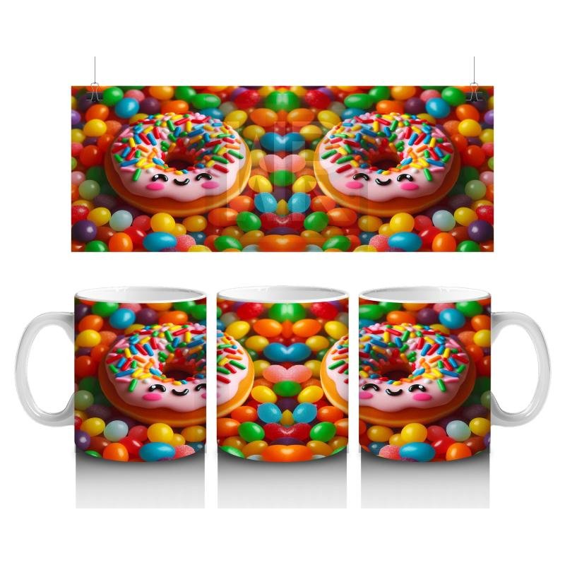 Çocuklara Sütü Sevdiren Renkli Şekerlerle Kaplı Gülümseyen Donut Desenli Kupa Bardak