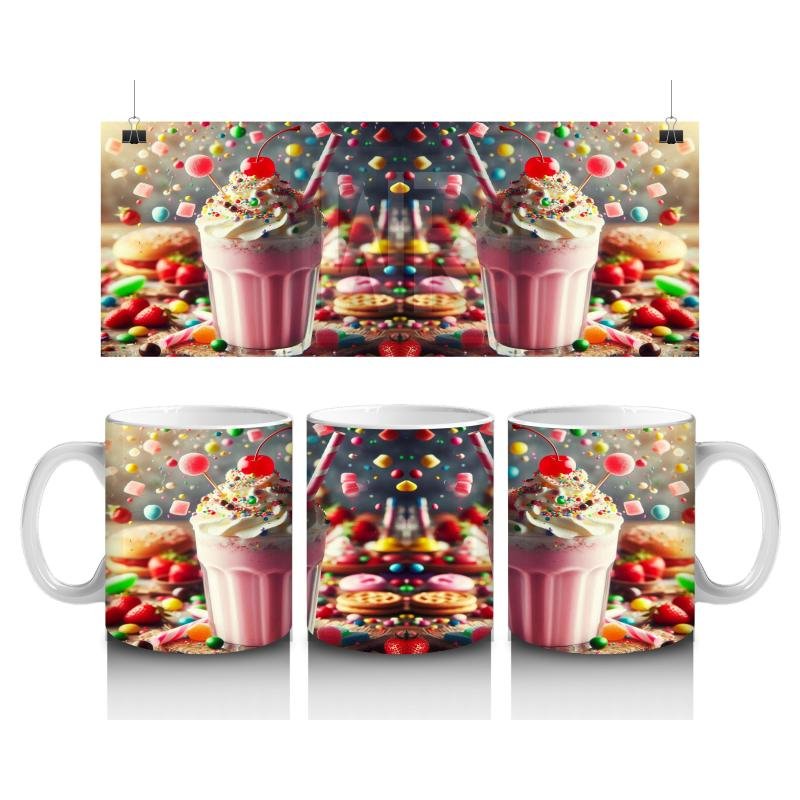 Çocuklara Sütü Sevdiren Renkli Şekerlerle Süslenmiş Milkshake Desenli Kupa Bardak