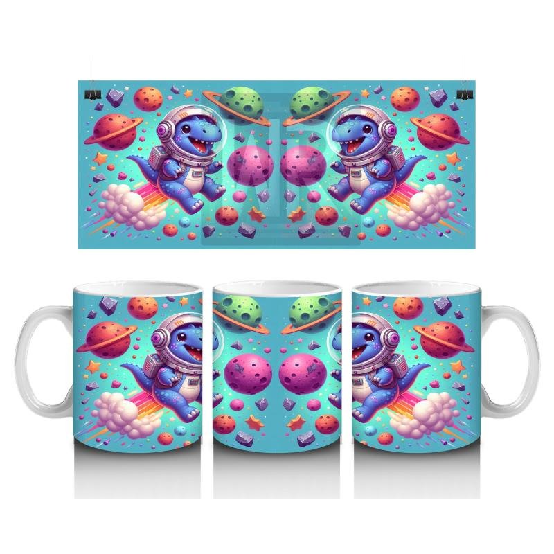 Çocuklara Sütü Sevdiren Roketli Uzay Dinozoru Desenli Kupa Bardak