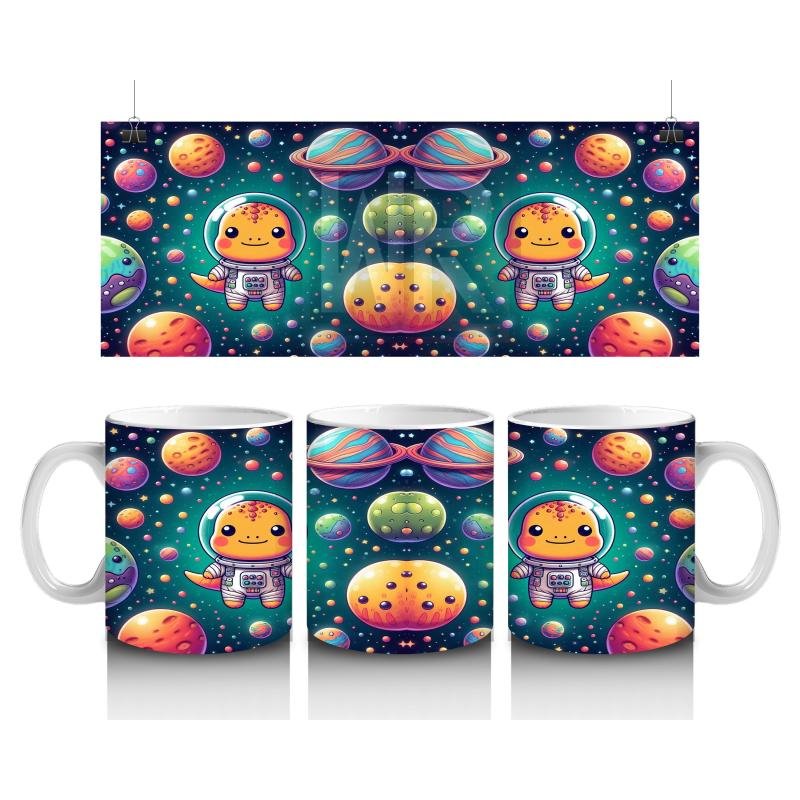 Çocuklara Sütü Sevdiren Sevimli Astronot Dinozor ve Renkli Gezegenler Desenli Kupa Bardak