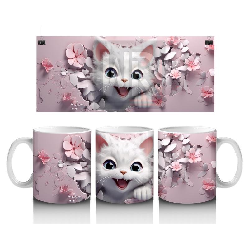 Çocuklara Sütü Sevdiren Sevimli Beyaz Kedicik Desenli Kupa Bardak