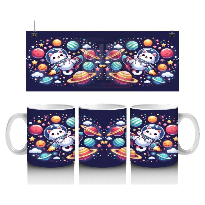 Çocuklara Sütü Sevdiren Sevimli Uzay Kedisi ve Renkli Gezegenler Desenli Kupa Bardak