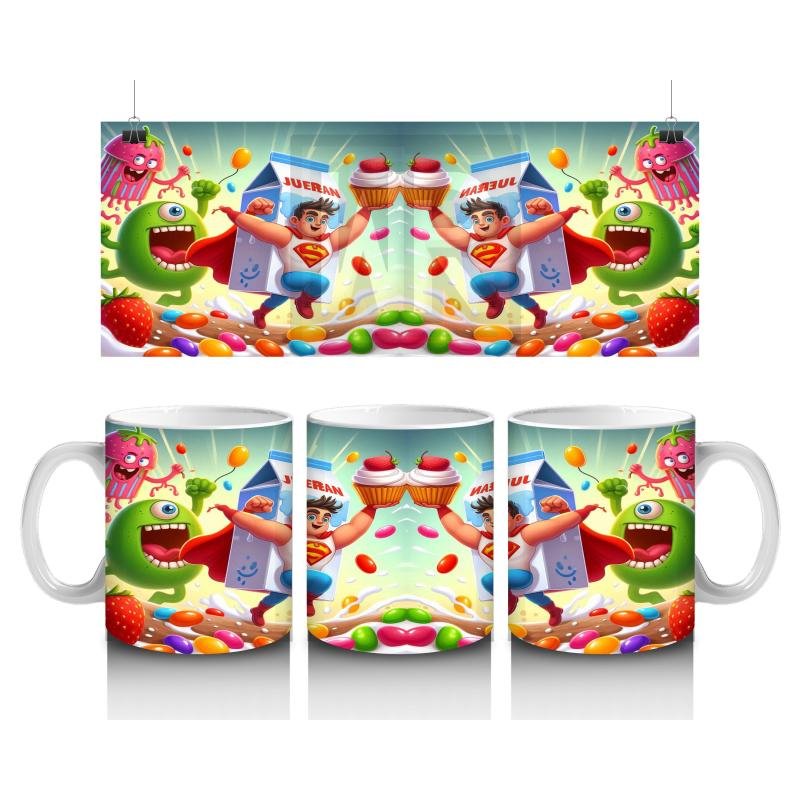 Çocuklara Sütü Sevdiren Süper Süt Kahramanı ve Renkli Tatlı Canavarlar Desenli Kupa Bardak