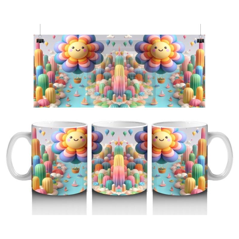 Çocuklara Sütü Sevdiren Uçan Balon Çiçekler ve Renkli Masal Diyarı Desenli Kupa Bardak