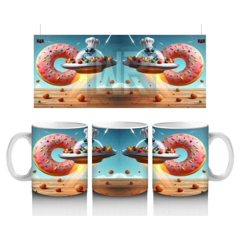 Çocuklara Sütü Sevdiren Uçan Donut ve Şef Fareli Uzay Gemisi Desenli Kupa Bardak