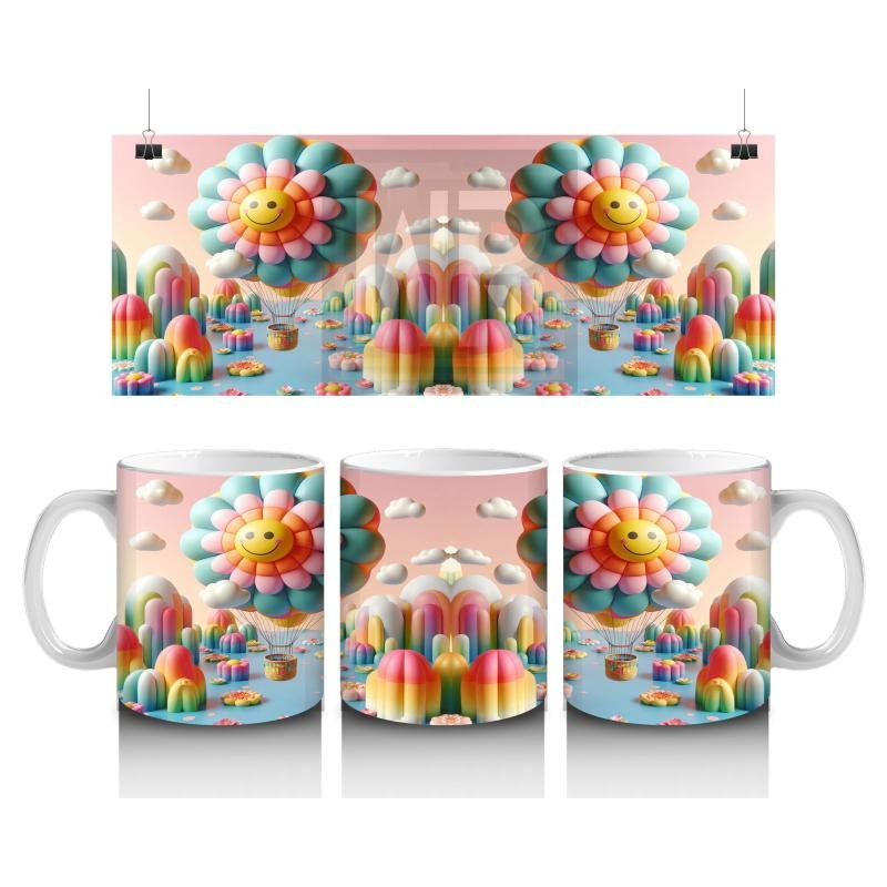 Çocuklara Sütü Sevdiren Uçan Gülümseyen Çiçek Balonlar ve Renkli Diyar Desenli Kupa Bardak