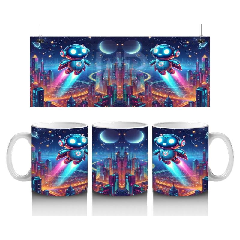 Çocuklara Sütü Sevdiren Uçan Sevimli Robotlar ve Gelecek Şehri Desenli Kupa Bardak