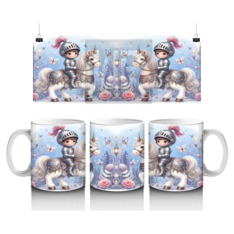 Çocuklara Sütü Sevdiren Unicorn Üzerinde Zırhlı Şövalye Desenli Kupa Bardak