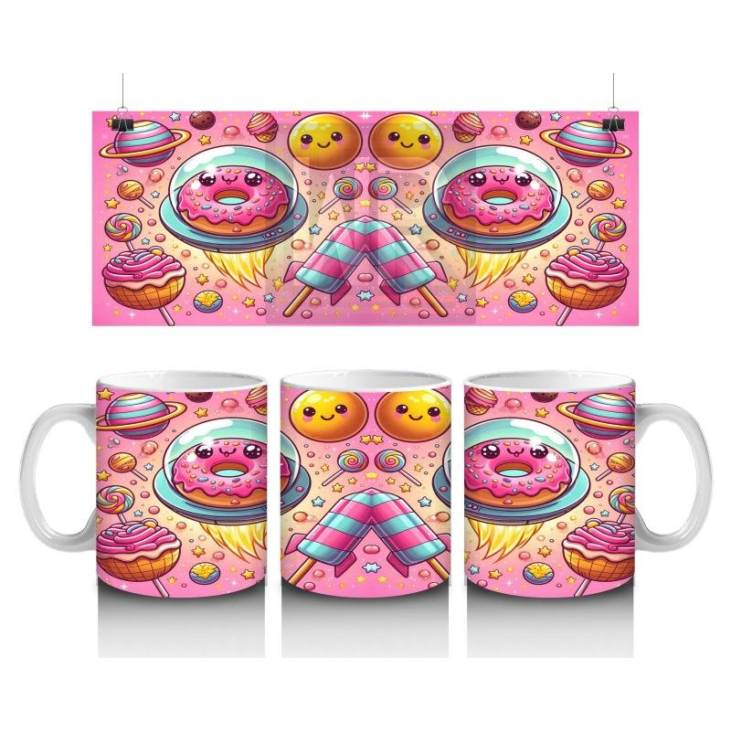 Çocuklara Sütü Sevdiren Uzay Donutları ve Tatlı Gezegenler Desenli Kupa Bardak