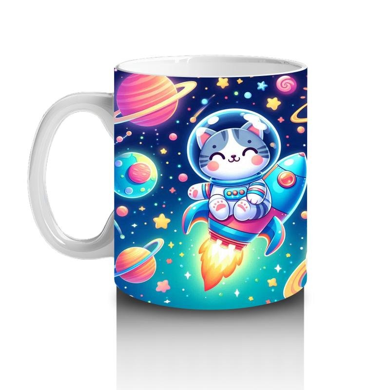 Çocuklara Sütü Sevdiren Uzay Roketiyle Gezen Sevimli Kedi Desenli Kupa Bardak - 2