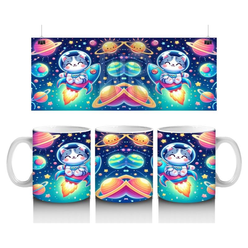 Çocuklara Sütü Sevdiren Uzay Roketiyle Gezen Sevimli Kedi Desenli Kupa Bardak