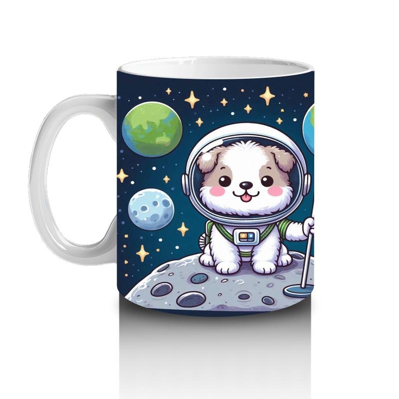 Çocuklara Sütü Sevdiren Uzayda Bayrak Diken Sevimli Köpek Desenli Kupa Bardak - 2