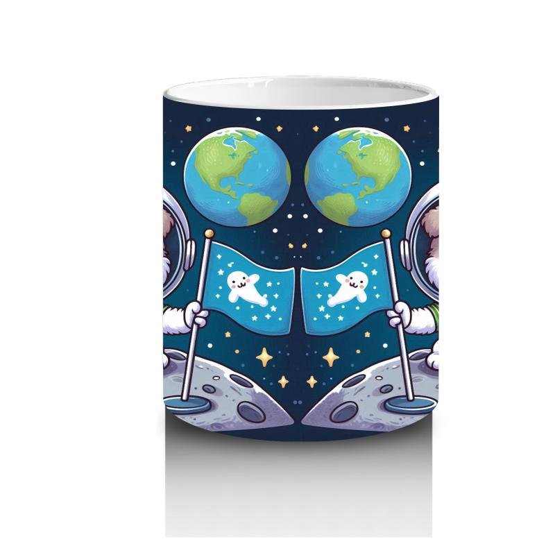 Çocuklara Sütü Sevdiren Uzayda Bayrak Diken Sevimli Köpek Desenli Kupa Bardak - 3