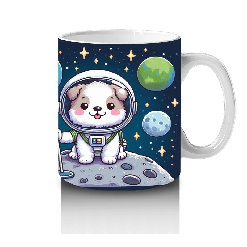 Çocuklara Sütü Sevdiren Uzayda Bayrak Diken Sevimli Köpek Desenli Kupa Bardak - 4