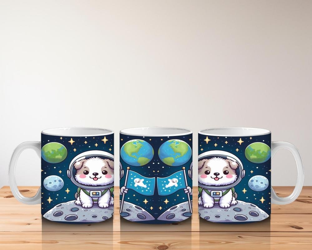 Çocuklara Sütü Sevdiren Uzayda Bayrak Diken Sevimli Köpek Desenli Kupa Bardak - 5