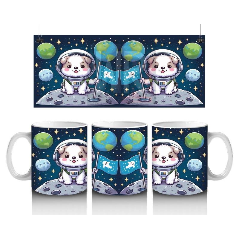 Çocuklara Sütü Sevdiren Uzayda Bayrak Diken Sevimli Köpek Desenli Kupa Bardak