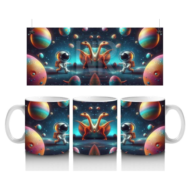 Çocuklara Sütü Sevdiren Uzayda Dinozorla Karşılaşan Astronotlar Desenli Kupa Bardak