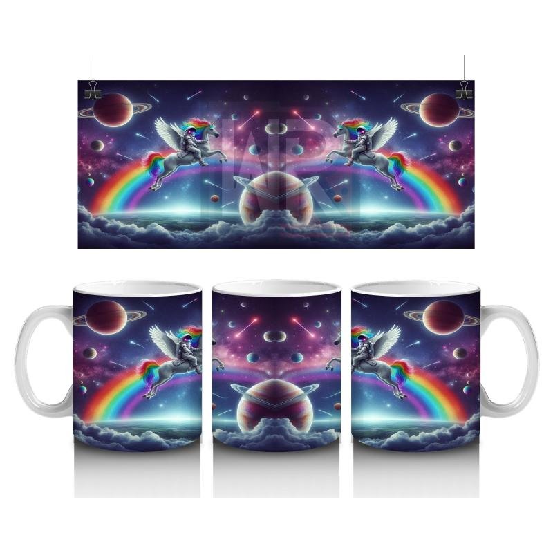 Çocuklara Sütü Sevdiren Uzayda Gökkuşağı Üzerinde Uçan Unicorn Desenli Kupa Bardak