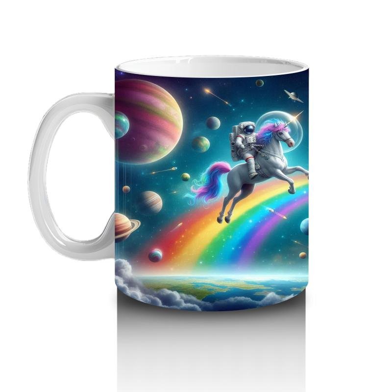 Çocuklara Sütü Sevdiren Uzayda Gökkuşağı ve Astronot Unicorn Desenli Kupa Bardak - 2