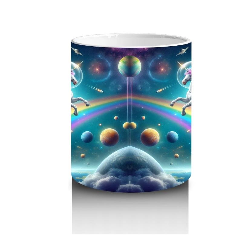 Çocuklara Sütü Sevdiren Uzayda Gökkuşağı ve Astronot Unicorn Desenli Kupa Bardak - 3