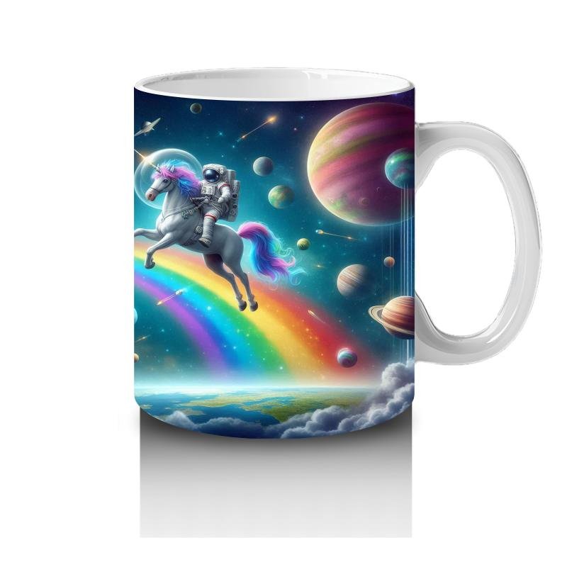 Çocuklara Sütü Sevdiren Uzayda Gökkuşağı ve Astronot Unicorn Desenli Kupa Bardak - 4