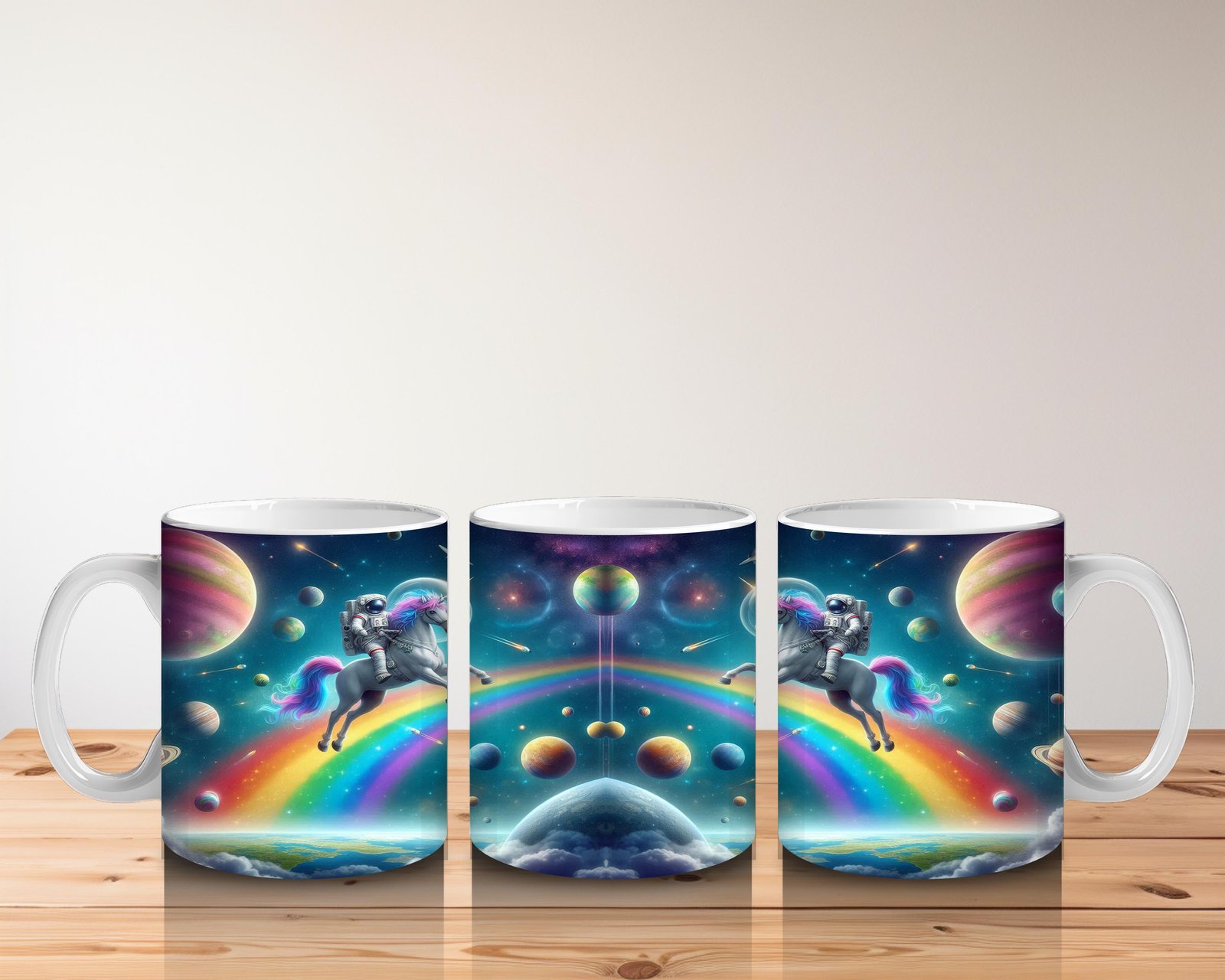 Çocuklara Sütü Sevdiren Uzayda Gökkuşağı ve Astronot Unicorn Desenli Kupa Bardak - 5