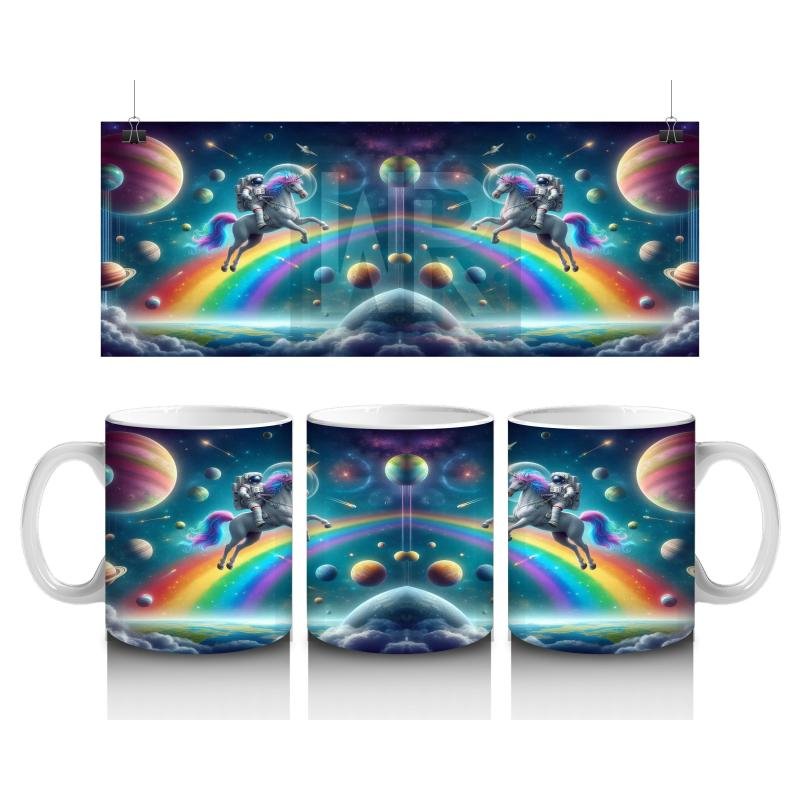 Çocuklara Sütü Sevdiren Uzayda Gökkuşağı ve Astronot Unicorn Desenli Kupa Bardak